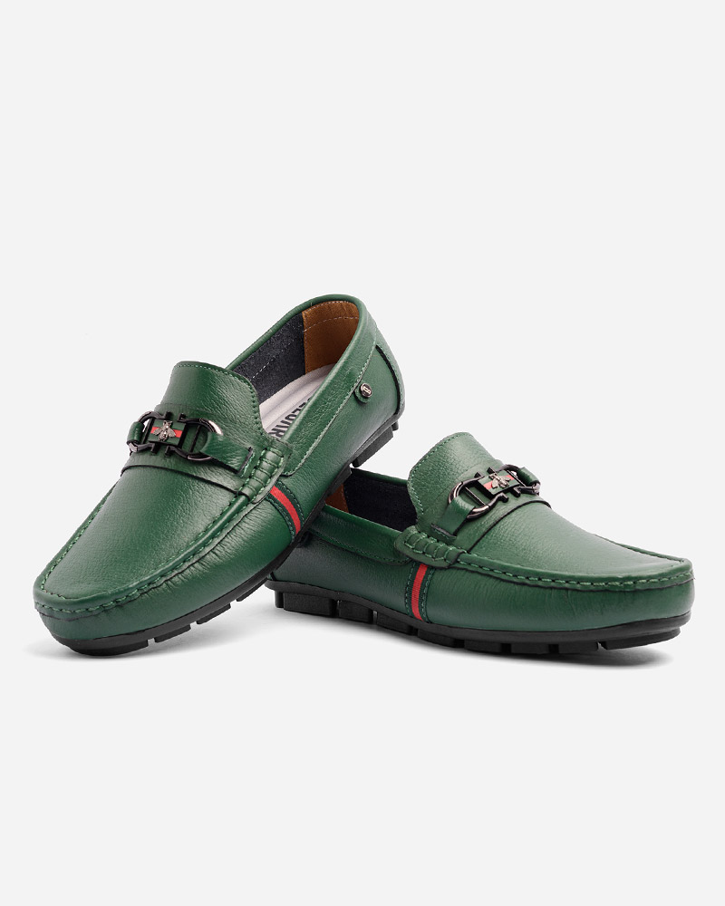 Mocasines Elegantes Cuero Verde Herraje Bee - Imagen 3