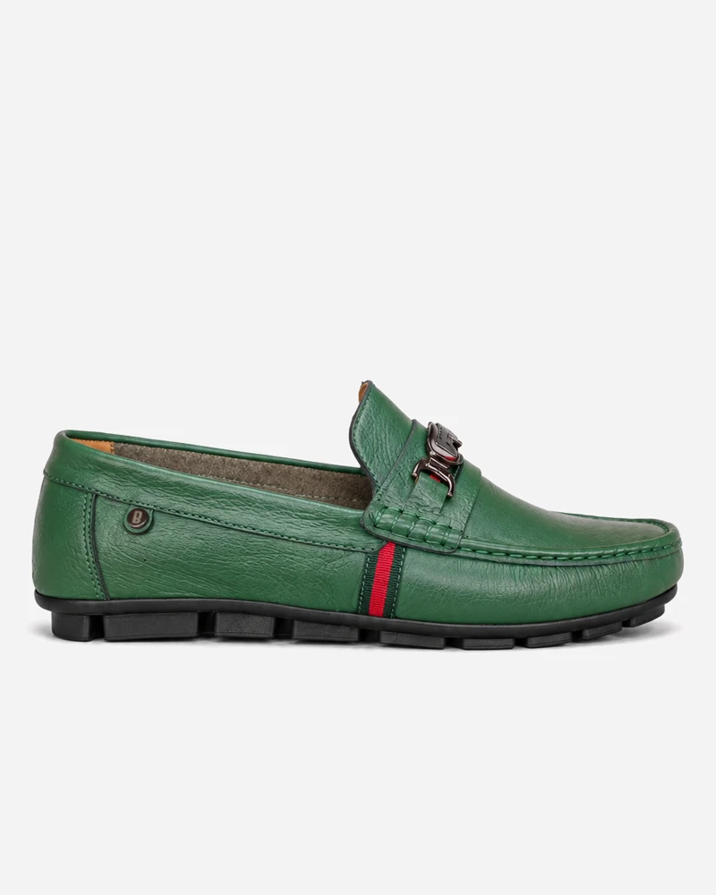 Mocasines Elegantes Cuero Verde Herraje