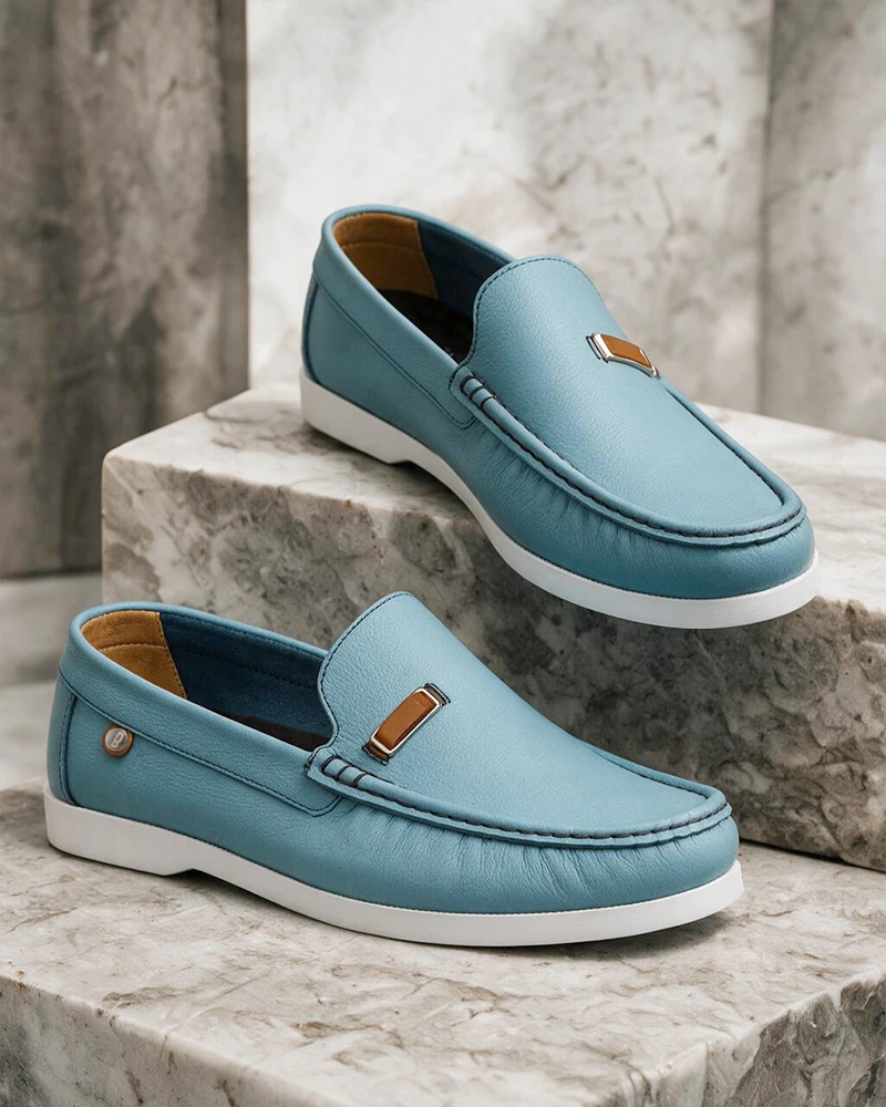 Mocasín Hombre Cuero Azul Celeste Riviera