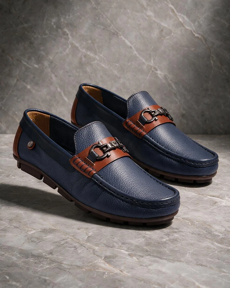 Mocasines Casuales Cuero Azul Detalle Café