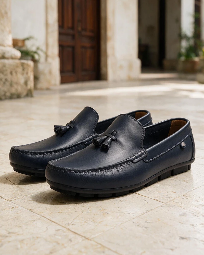 Mocasines Azules Cuero Moño Hombre