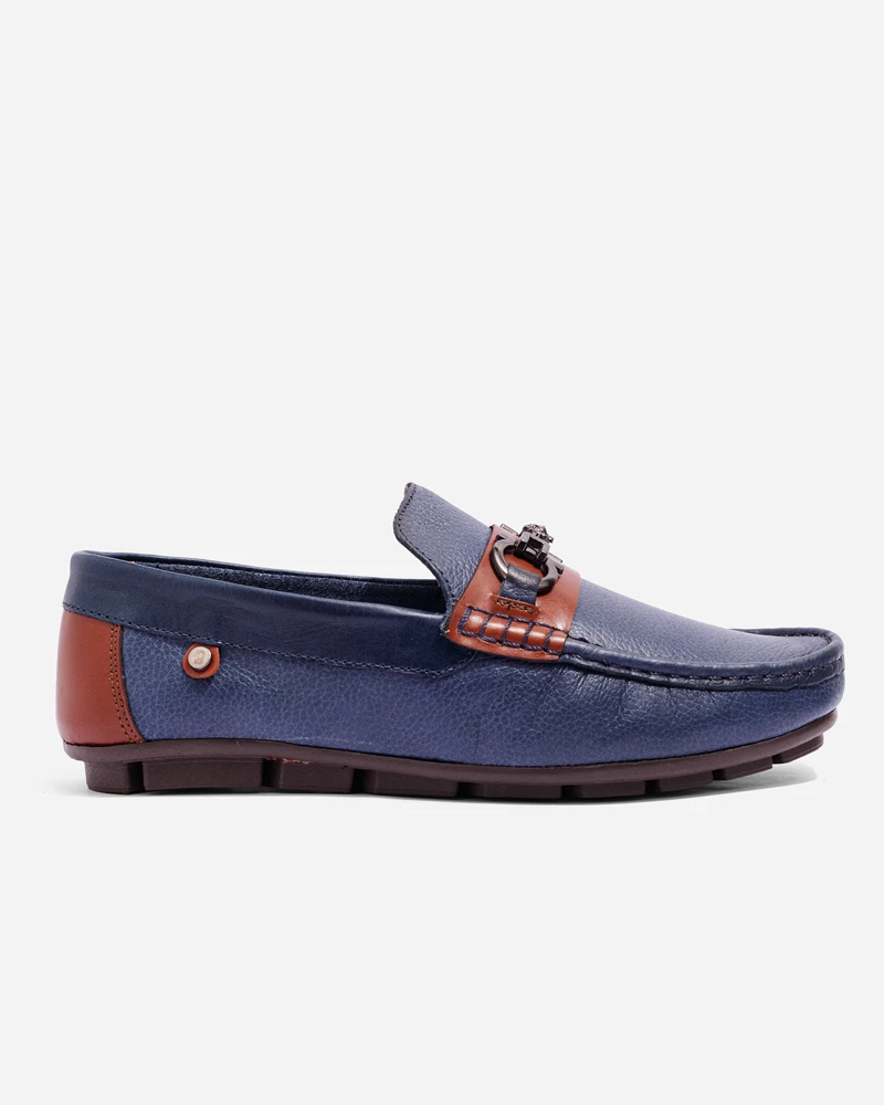Mocasines Casuales Cuero Azul Detalle Café